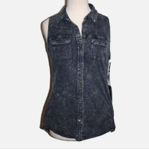 Sleeveless Washed Black Denim Button-Front Top 16 inches p2p